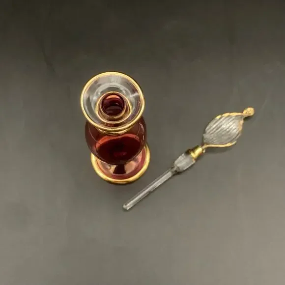 Vintage Egyptian Hand Blown Miniature Glass Empty Bottle Gold Trim Etched - Picture 6 of 14